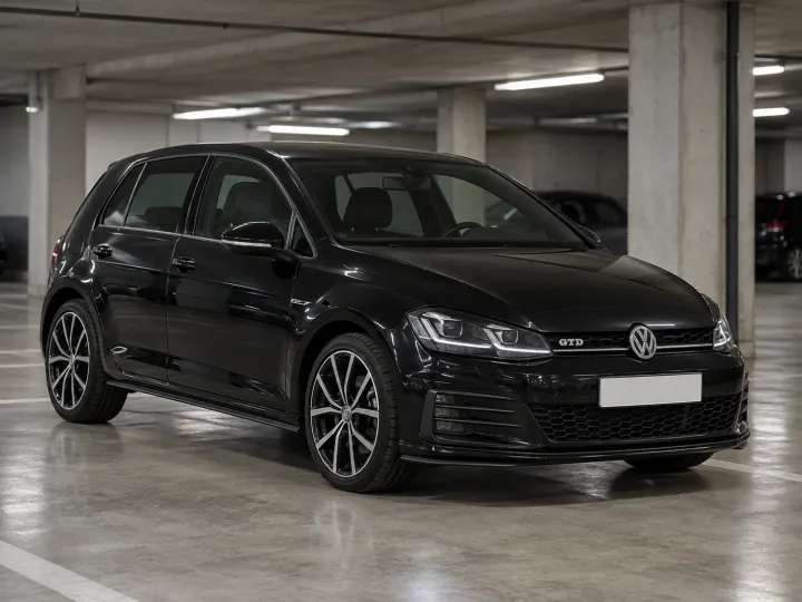 Czarny VW Golf na parkingu podziemnym