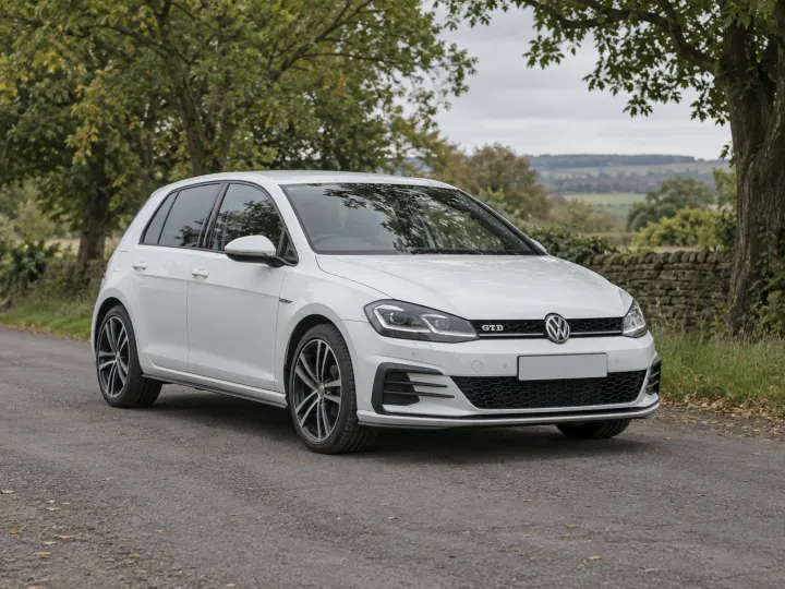 Biały VW Golf na drodze obsadzonej drzewami